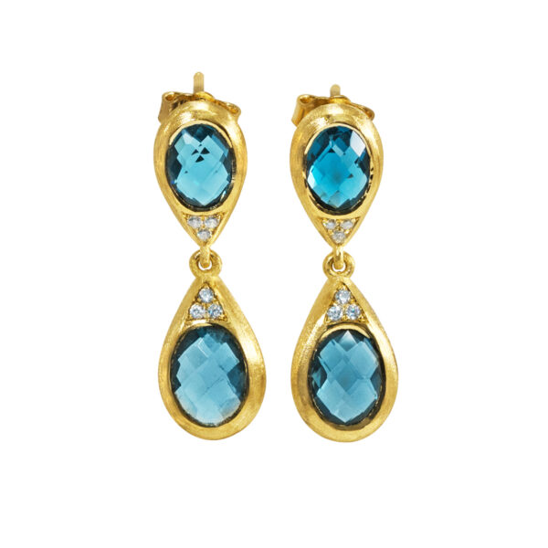 Earrings, gold, K14, K18, handmade jewel, semiprecious stones, diamonds, London blue